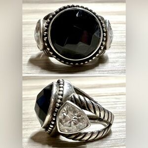 Vintage Designer Signed CFJ Heavy Sterling Silver Onyx & CZ Ring, Size 6, 9.1g